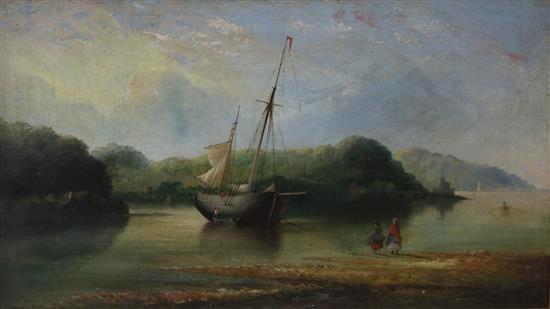 19th century English School, oil on canvas, estuary at low tide, 21 x 37cm